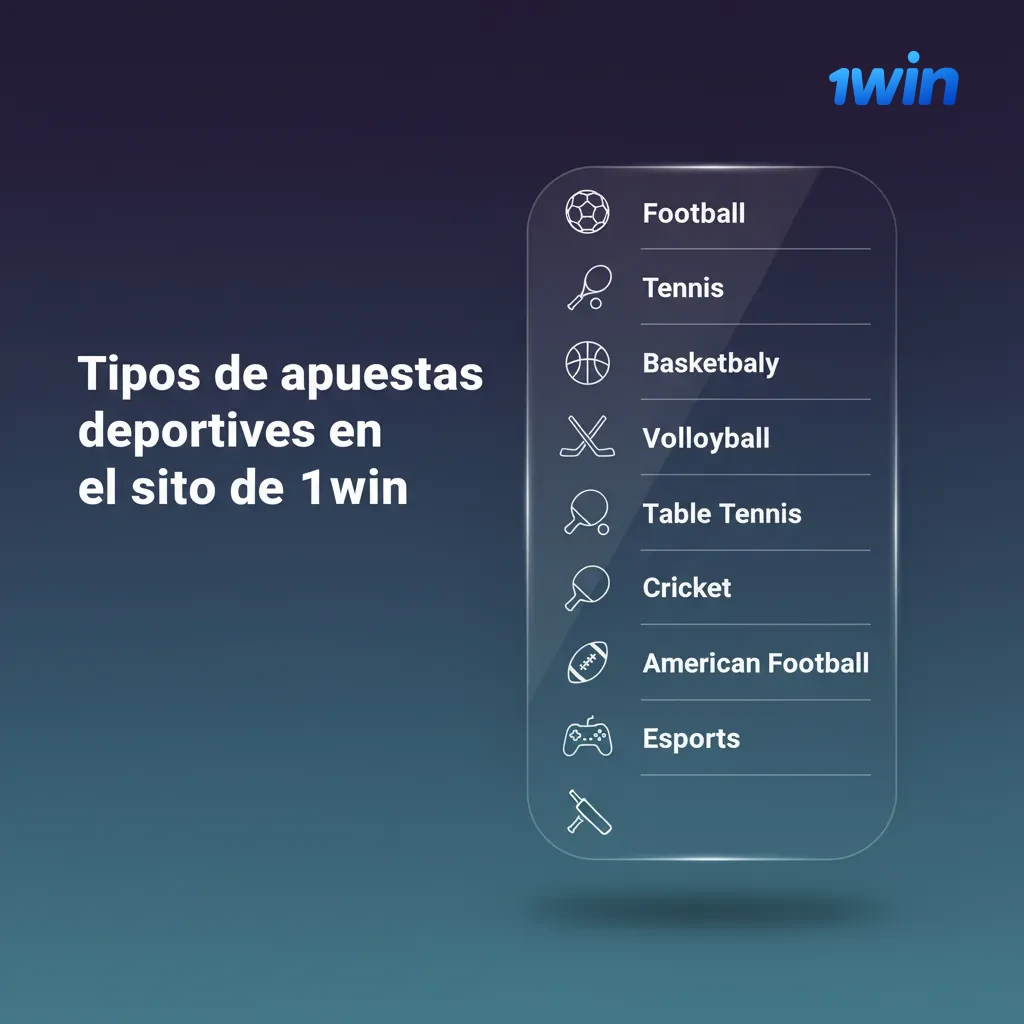 Interfaz de 1win mostrando tipos de apuestas: prematch, en vivo, combinadas y Cash Out en fútbol, tenis, básquet, rugby y F1.